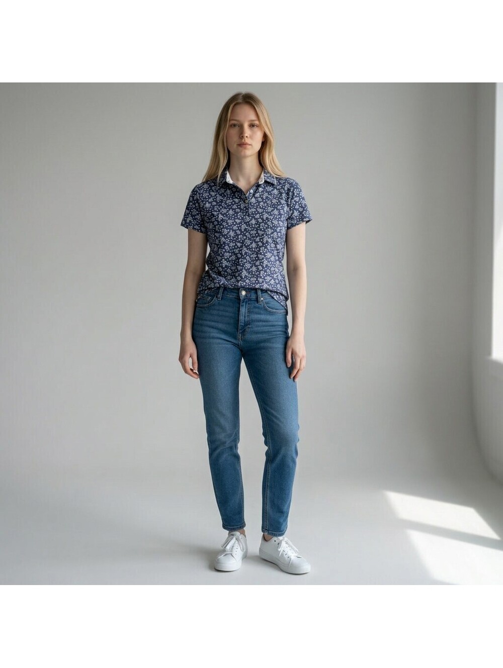 Etonic Polo Shirt Women M Medium Blue Floral Button Collared Short Sleeve Casual
